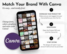 an image of a cell phone with the text canva on it and instructions to match your brand with canvas