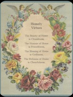 a card with an angel surrounded by flowers and words that read honey virtues