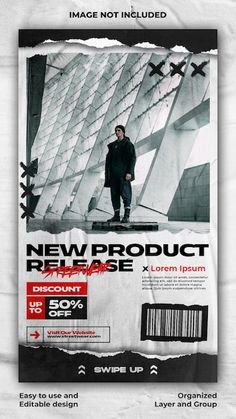 an advertisement for new product with a man standing in front of a building and looking at the camera