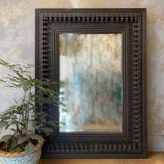 a mirror sitting on top of a wooden table next to a potted plant in front of it