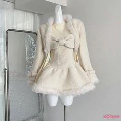 Qteee - Elegant Two-Piece Set: Stylish Faux Fur Crop Coat with Bowknot Detail and Chic Bubble Dress Aesthetic Korean Outfits, Cropped Faux Fur Coat, Cropped Coat, Beige Coat, Fur Clothing, Bubble Dress, Girl Fits, Fashion Inspiration Design, Other Outfits