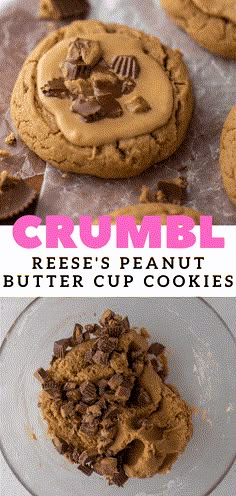 peanut butter cup cookies with chocolate chips in the middle and crumbl reese's peanut butter cup cookies on top