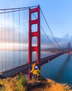 a person standing on the side of a large bridge