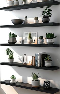 three black shelves with plants and books on them