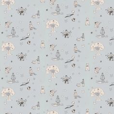 a blue wallpaper with little children's drawings and stars on the background,