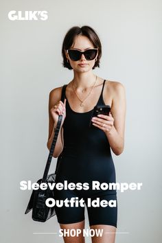 women's sleeveless athletic romper in black Sleeveless Romper Outfit, Casual Outfit Idea, Casual Rompers, Romper Outfit, Pad Design, Sleeveless Rompers