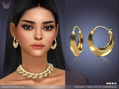 a woman wearing large gold hoop earrings and a necklace with chains on it, next to an image of a model's face