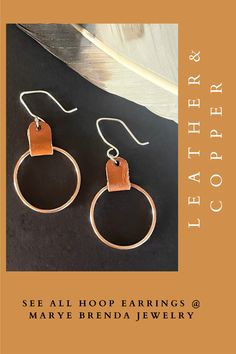 Boho Chic Hoop Earrings. These brown Leather hooped copper earrings add sophistication and fun to your casual wardrobe. Crafted from pure copper these hoops the perfect 3rd anniversary gift. These copper hoop earrings with its beautiful brown triangular leather strap is both lightweight and stylish. You will love the way these hoop earrings turn and sparkle. The brown Minerva Smooth Veg Tanned Leather gives the earrings that soft classic look. Perfect Bohemian style. Gift Bag included! Earrings Boho Chic