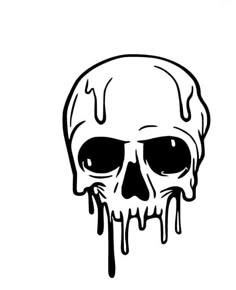 a black and white drawing of a skull with blood dripping down it's face