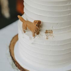 a dog figurine sitting on top of a white cake