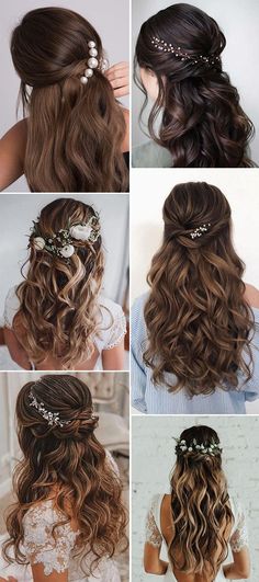 different hairstyles for brides with long hair and flowers in their hair are shown