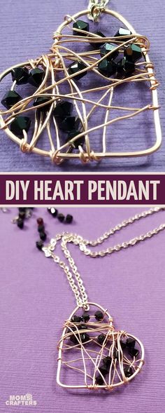 an image of a wire heart pendant on a purple background with the words diy heart pendant