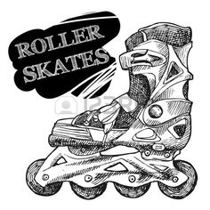 roller skates with the word roller skates written on it in black and white