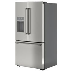 a silver refrigerator freezer sitting next to a white wall