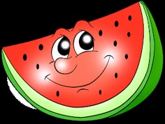 a slice of watermelon with black dots on it's face and eyes