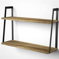 two wooden shelves with black metal brackets on the sides and one shelf is made out of wood