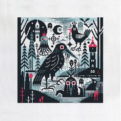 a cross stitch pattern with a black bird on it