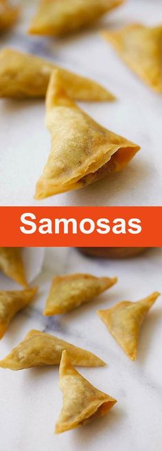 samosas on a white table with the words samosas in front of them