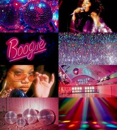 collage of images with disco balls, lights and woman in front of the stage