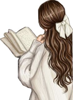 a drawing of a girl with long hair and a bow holding an open book in her hands