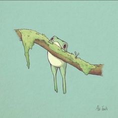 a drawing of a frog hanging upside down on a branch