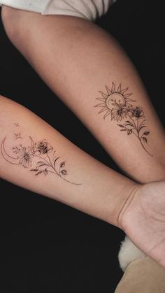 two people with matching tattoos on their arms, one has a sunflower and the other has a flower