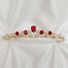 Sadie's Tiara in Red & Gold Faux Red Ruby, Clear Crystal, Small, Dainty, Light Weight - Etsy Red Tiara Crowns, Red And Gold Accessories, Rubi Aesthetic, Ruby Tiara, Ruby Crown, Red Tiara, Princess Era, Fantasy Ball, Prom Tiaras