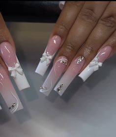 Long Nail Inspo Baddie Design, Nail Inspo Square White, Long French Tip Nails With Design, Nail Inspo Square Long, White Baddie Nails, Pretty White Nails, Nails Inspo Spring, Nails Acrylic French Tip, White And Pink Nails