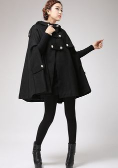 Black Cape winter hooded coat women cape coat 698 by xiaolizi Black Hooded Cape For Fall, Hooded Black Cape For Fall, Black Cape For Fall, Winter Poncho With Cape Sleeves, Black Cape Styled As Long Coat For Fall, Black Long Cape For Fall, Oversized Winter Cape, Black Cape For Cold Weather In Fall, Oversized Cape For Cold Weather