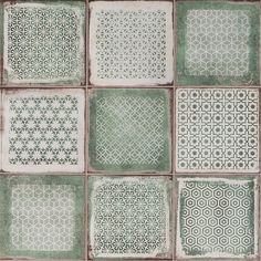 green and white tiles with different designs on the sides, all arranged in square shapes