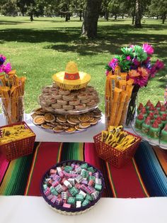 a table topped with lots of food and desserts