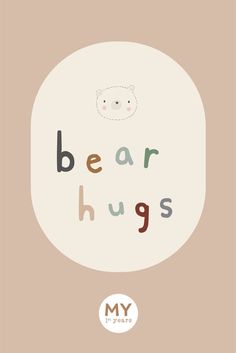 the words bear hugs are written in different colors and shapes, along with an image of a polar bear