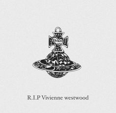 a black and white drawing of a bell on top of a hat with the words r i p viviene westwood