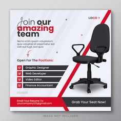 a poster for an office chair with the words, join our amazing team on it