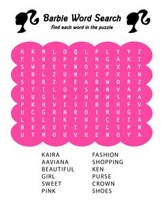 the word search for barbie's hair is shown in pink and black, as well as