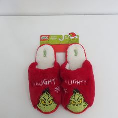 New With Tags The Grinch Slippers Fabric Cushioned And Soft Keep Your Feet Warm And Cozy Grinch Slippers, Grinch Shoes, Dr Seuss Grinch, Grinch Christmas, The Grinch, Christmas Red, Cushion Fabric, Dr Seuss, Woman Colour