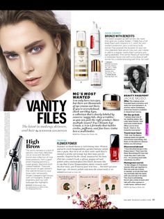 a magazine page with an image of a woman's face and various cosmetics products