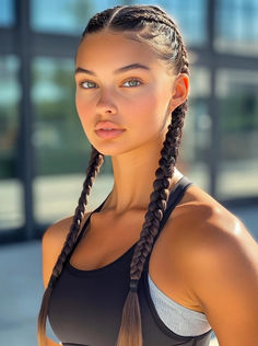 Boxer braids, also known as double Dutch braids, are a go-to hairstyle for those who need a sturdy, long-lasting style for intense workouts. This style works best for long hair or medium-length hair, and it’s ideal for activities like boxing, running, or weightlifting. The braids keep your hair securely in place, preventing any distractions during your workout. This hairstyle suits round or square face shapes and looks great with minimal makeup. Dutch Braid Hairstyles Short Hair, Boxing Hairstyles For Women, Mma Braids, Gym Hairstyles With Bangs, Boxer Hairstyles, Square Face Hair, Boxing Hairstyles, Dutch Braids Hairstyles, Braids Low Bun