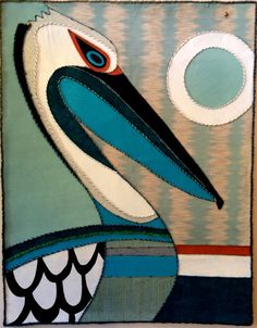 a painting of a pelican sitting on top of a blue and white wall