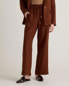 100% European Linen Wide Leg Pants Spring Linen Pants With Drawstring, Spring Linen Drawstring Pants, Spring Linen Wide Leg Pants With Drawstring, Linen Wide Leg Pants With Drawstring For Loungewear, Casual Linen Wide Leg Pants With Drawstring, Linen Wide Leg Bottoms With Drawstring, Wide Leg Linen Bottoms With Drawstring, Brown Linen Bottoms For Spring, Casual Brown Linen Wide Leg Pants