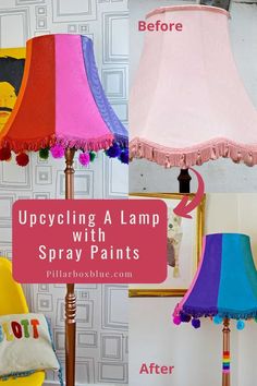 upcycling a lamp with spray paint and fringe lampshade before and after