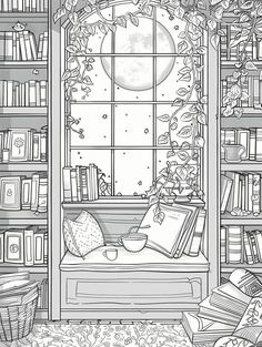 a black and white drawing of a window in a library with books on the shelves