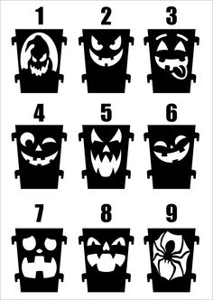 halloween buckets with faces and numbers to make them look like they are in the trash can