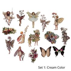 a group of different types of flowers and fairy figurines on a white background