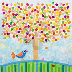 a painting of a tree with colorful dots on it and a bird in the foreground