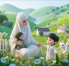 a woman sitting on top of a white chair next to two small children in a field