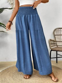 Blue Casual Collar  Polyester Plain Wide Leg Embellished Non-Stretch  Women Clothing Coverup Skirt, Casual Wide Leg Pants, Pants Blue, Women Long Sleeve Tops, Pantalon Large, Women Pants, One Piece For Women, Boho Women, Texture Design