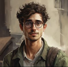 a painting of a man with glasses and a backpack in front of him is looking at the camera