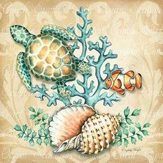 an image of a sea turtle and corals on a paper with watercolor paint