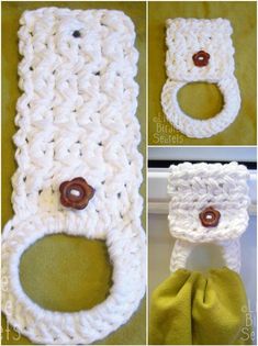 crocheted toilet paper roll holder with buttons on the top and bottom, shown in three different views